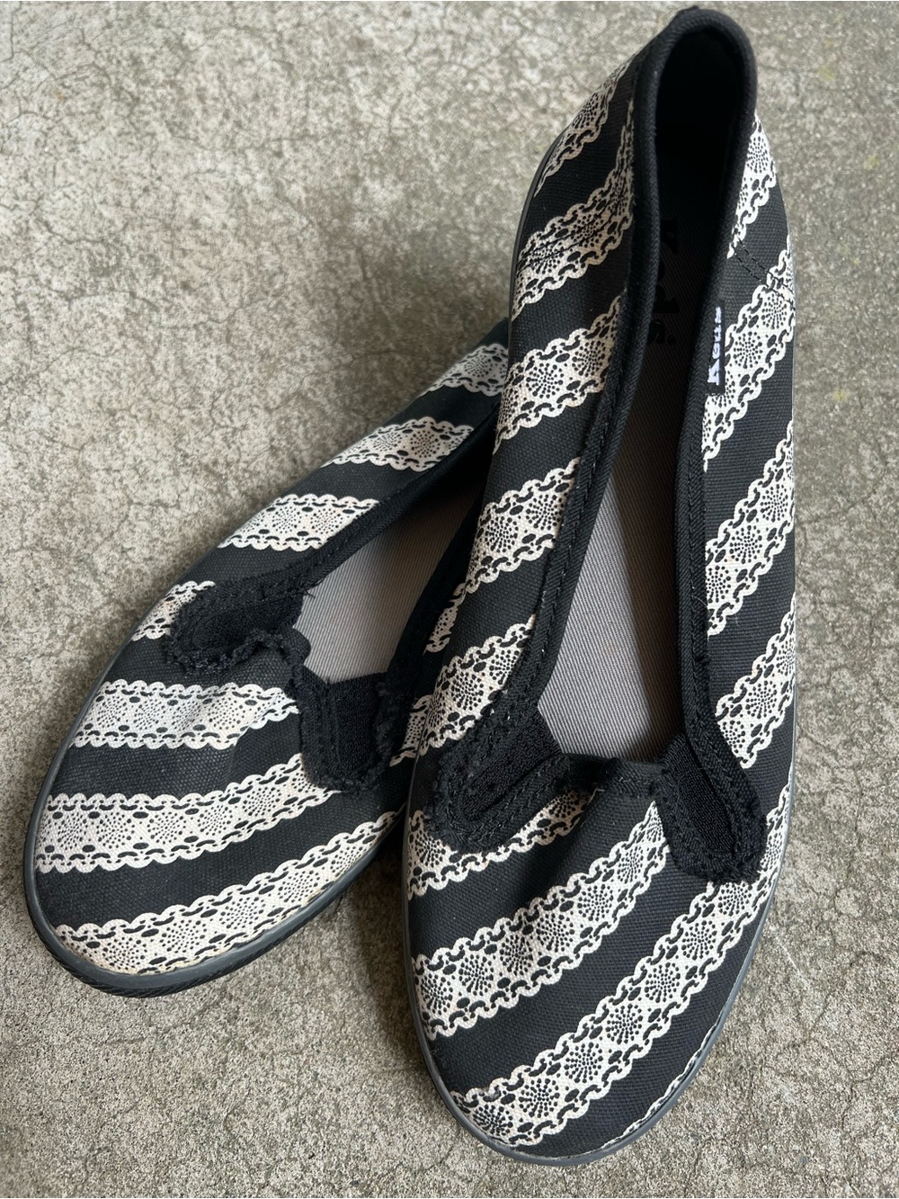 Keds Black and White Lace-Stripe Slip-On Flats